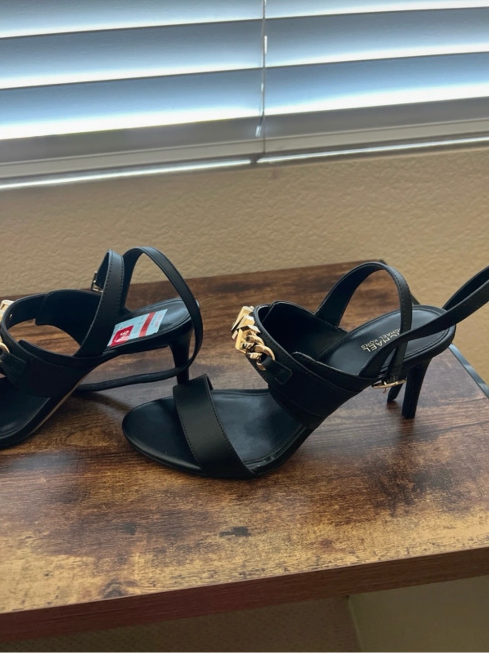 Michael Kors Black Leather Slingback Sandals with Gold MK Chain - Picture 3 of 7